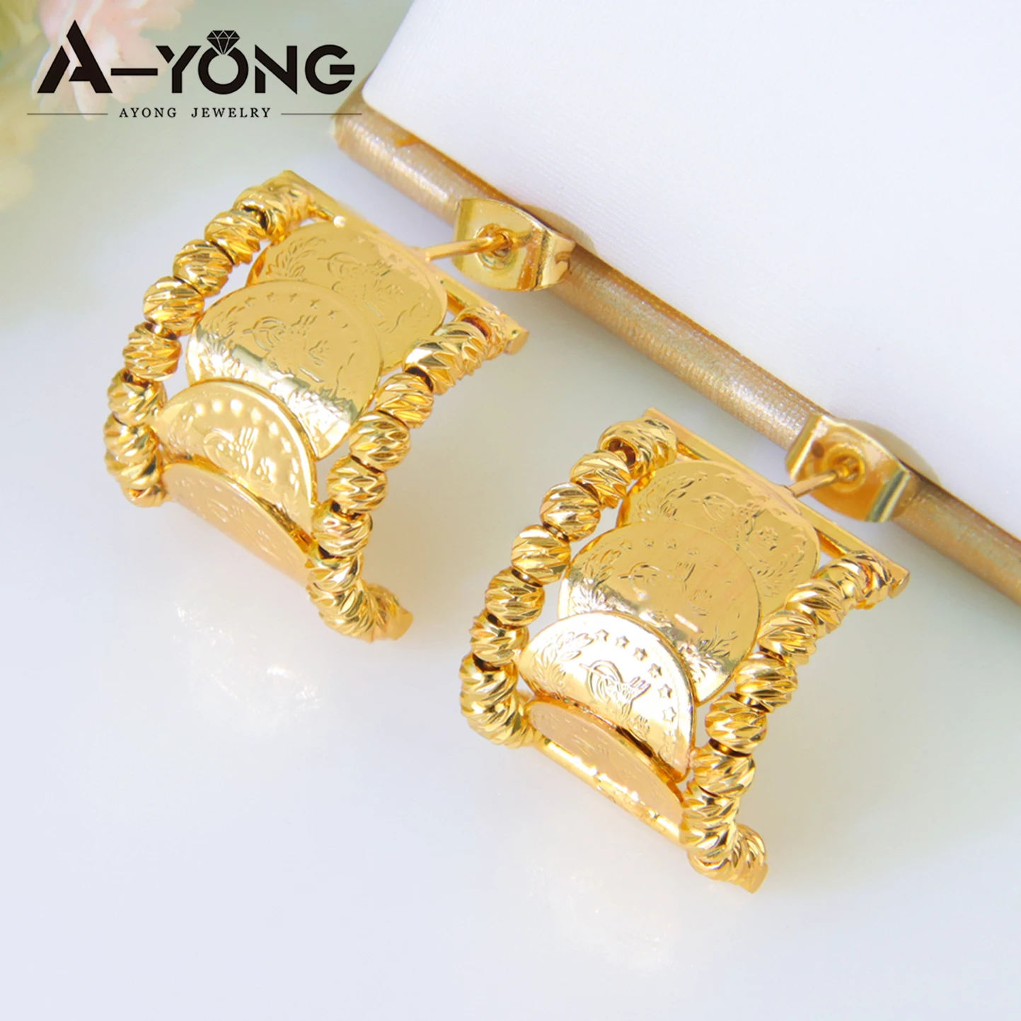 Turkish Vintage Coins Stud Earrings 24k Gold Plated Dubai Vintage Half Circle Earring Saudi Arabia Women Wedding Jewelry