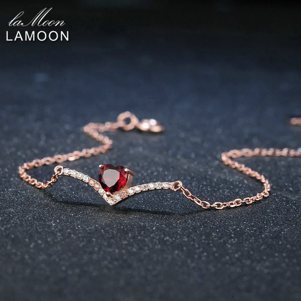 Romantic 925 Silver Bracelets with Heart-Shaped Natural Red Garnet 18KGP Gold Plated Elegant Jewelry for Women Party Wholesale