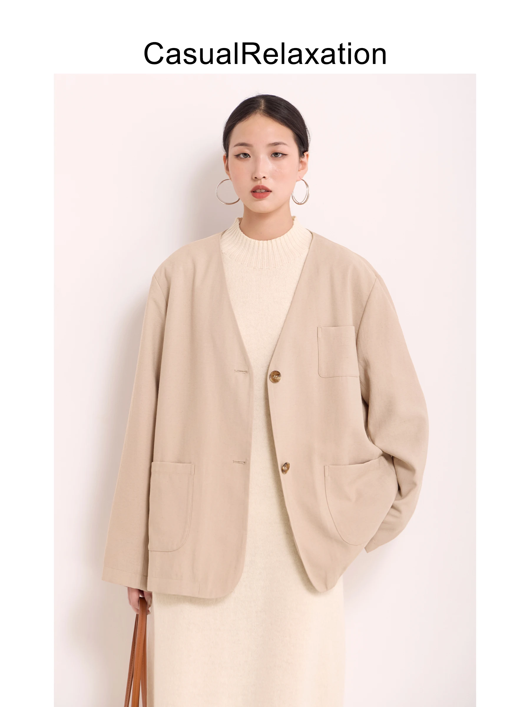 Jaqueta de Linho Feminina Casual com Decote em V para o Dia a Dia - Nova Coleção Primavera/Outono, Design Respirável e Manga Longa