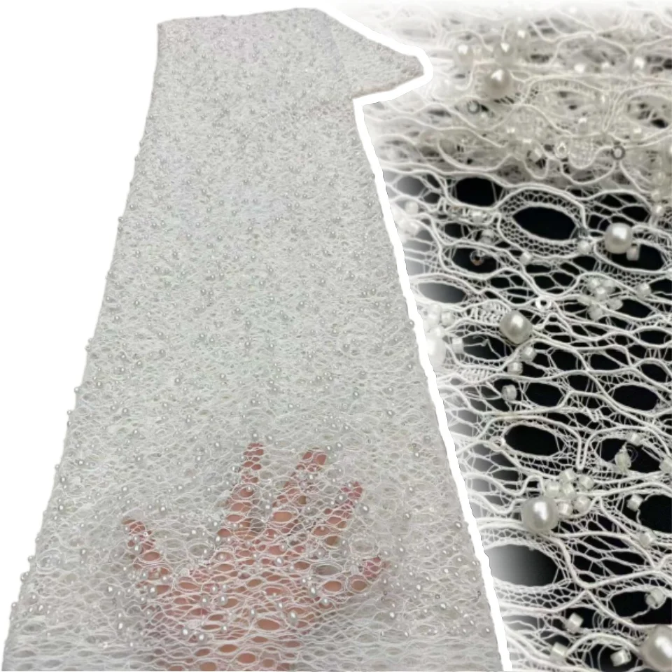 

Luxury Fabric 5 Yards White Beads Lace Fabrics Oliver Green Beads Tulle Lace Fabric Sequins Lace for Wedding Party Dresses S1367