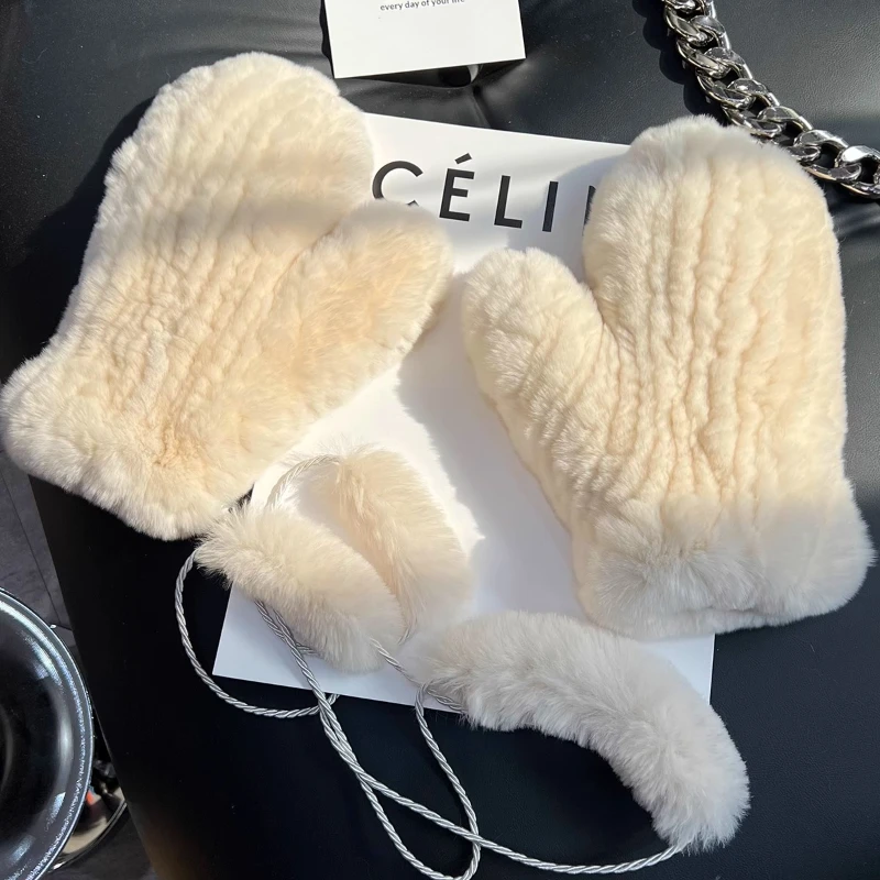 

Hot Sale Winter Women Real Rex Rabbit Fur Gloves Knitted Real Rex Rabbit Fur Mittens Thick Warm Soft Natural Fur Gloves
