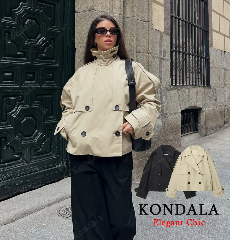 

KONDALA Women Fall Elegant Trench Coat Double-Breasted Short Windbreaker 2025 Spring Autumn High Street Commute Lady Coat
