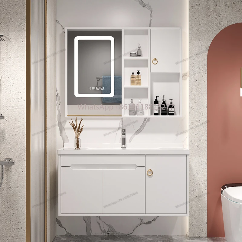 Lavabo de baño inteligente de madera maciza simple moderno, combinación de lavabo integrado de cerámica de roble de lujo ligero