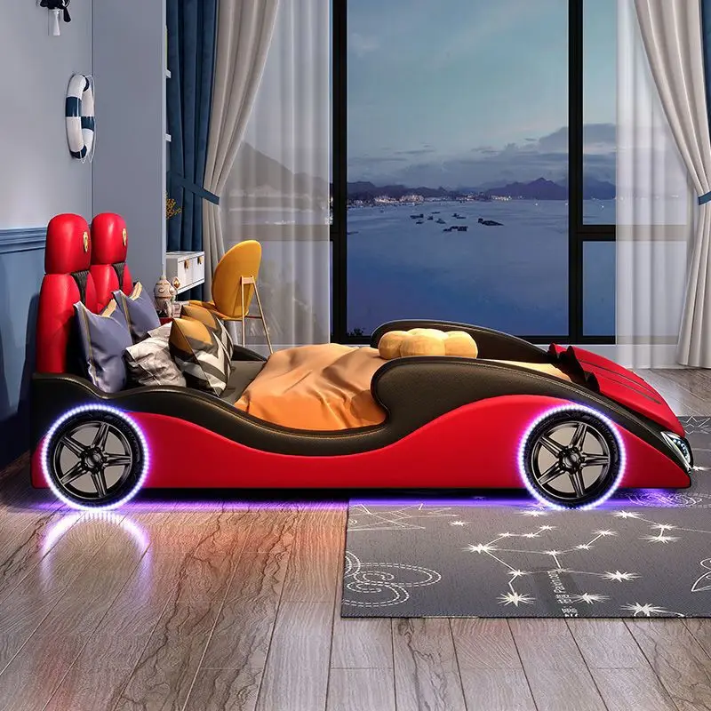 Children's bed simple modern cartoon sports car with guardrail single bed Internet celebrity children's room leather bed