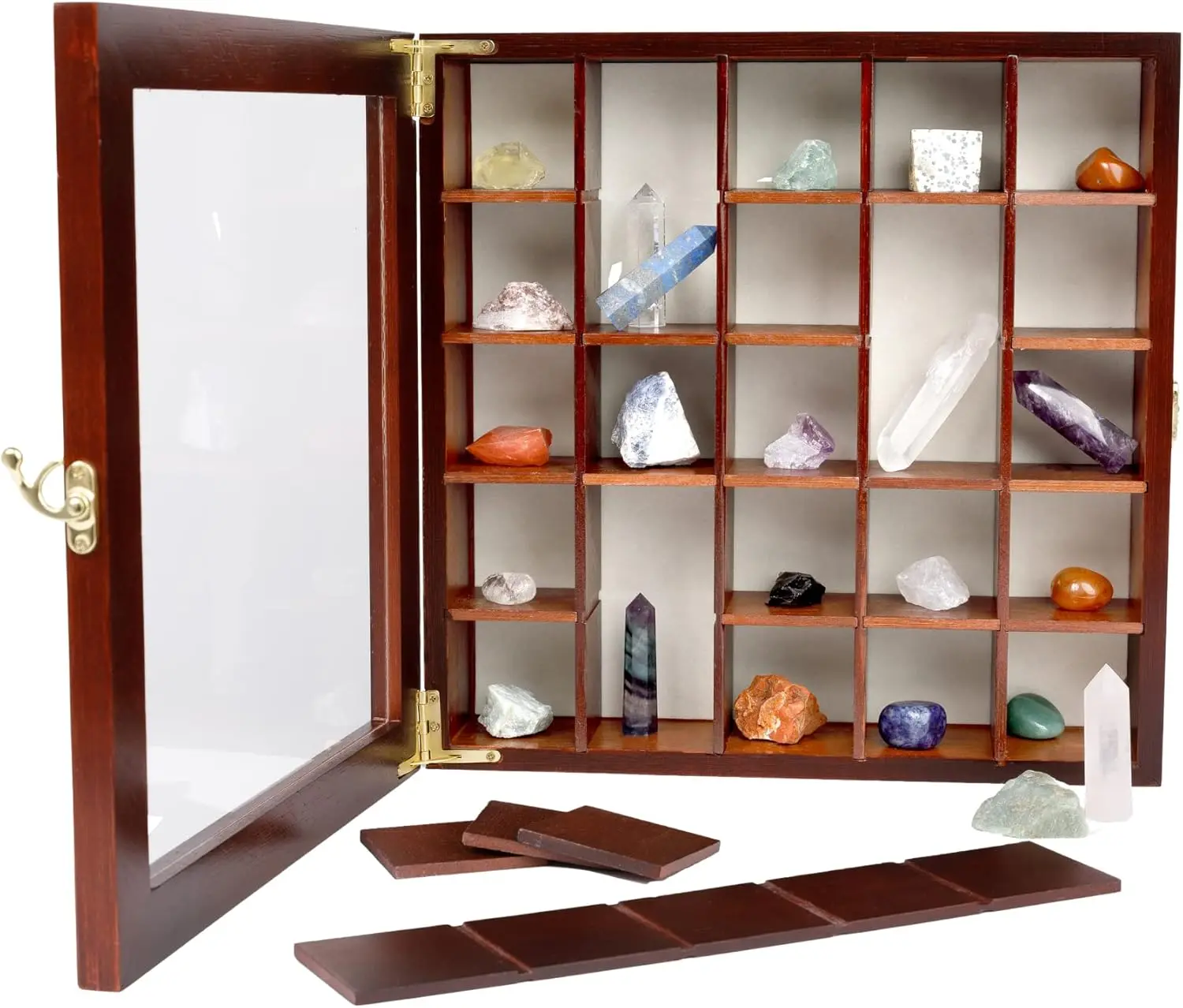 Adjustable Rock Display Case with Fabric Bed and Shelves for Crystal Storage - Dark Finish