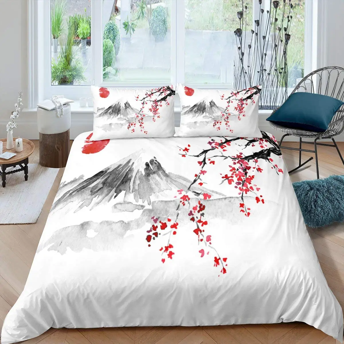 Japanese-Style Duvet Cover Set for Girl Polyester Mount Fuji Comforter Cover Cherry Blossoms Flower Ink Hand Painted Quilt Cover