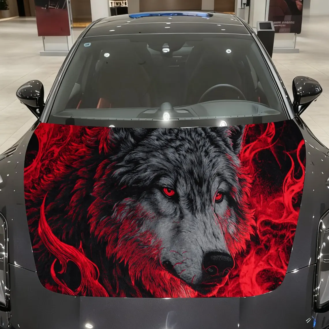 

Car Decals A Wolf In Red Fiery Scene Close - Up With Intense Gaze And Dramatic Visual Dominance Car Hood Sticker, Waterproof Sel