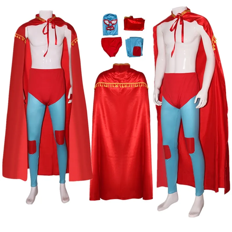 Nacho Disguise Libre Wrestler Nacho Cosplay Costume Adult Men Fantasia Pants Mask Cloak Outfits Halloween Carnival Party Suit