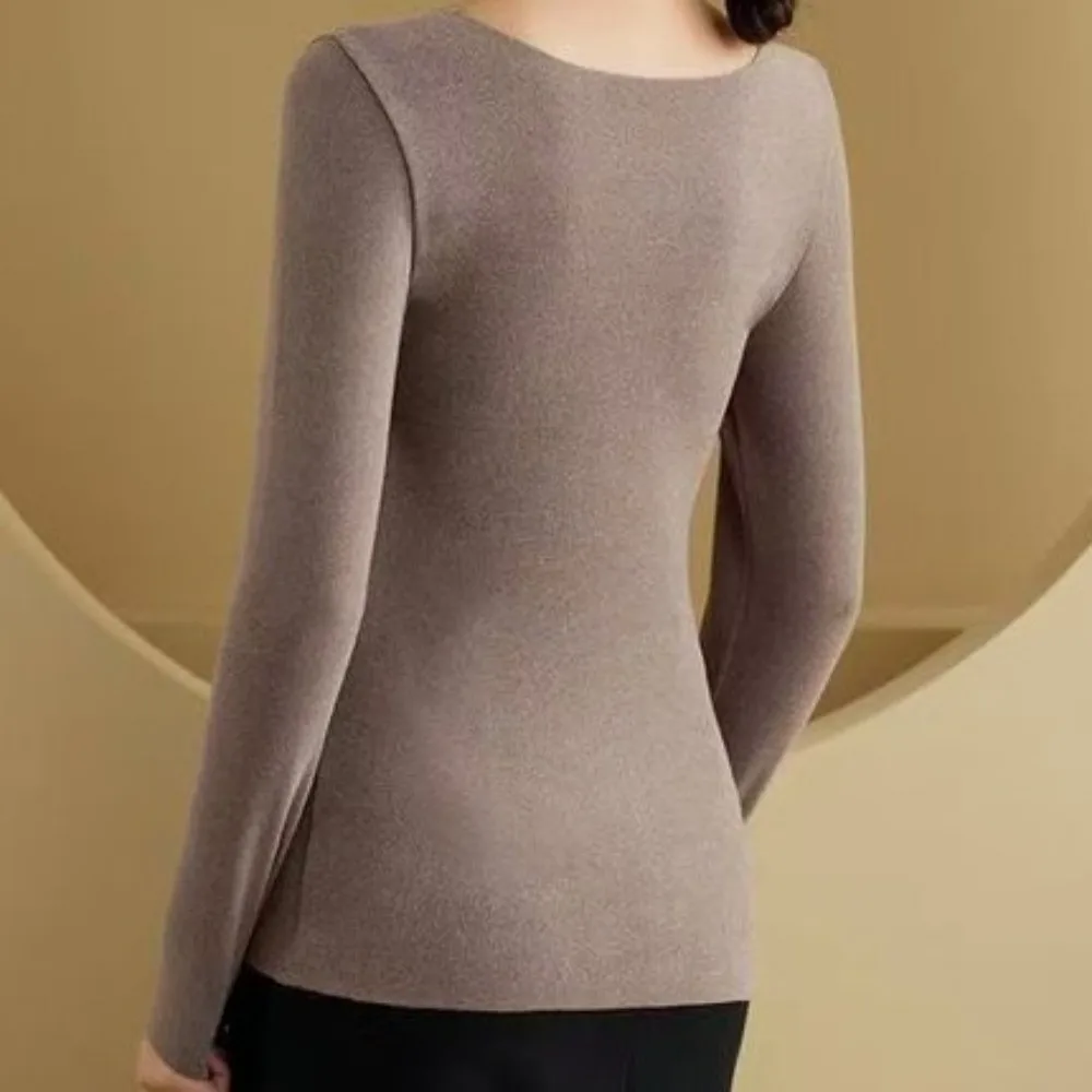 

V Mesh Neck Women Thermal Clothes Invisible Velvet Fleece Thermal Underwear Feel Heating Solid Color Warmth Long Tops Undershirt