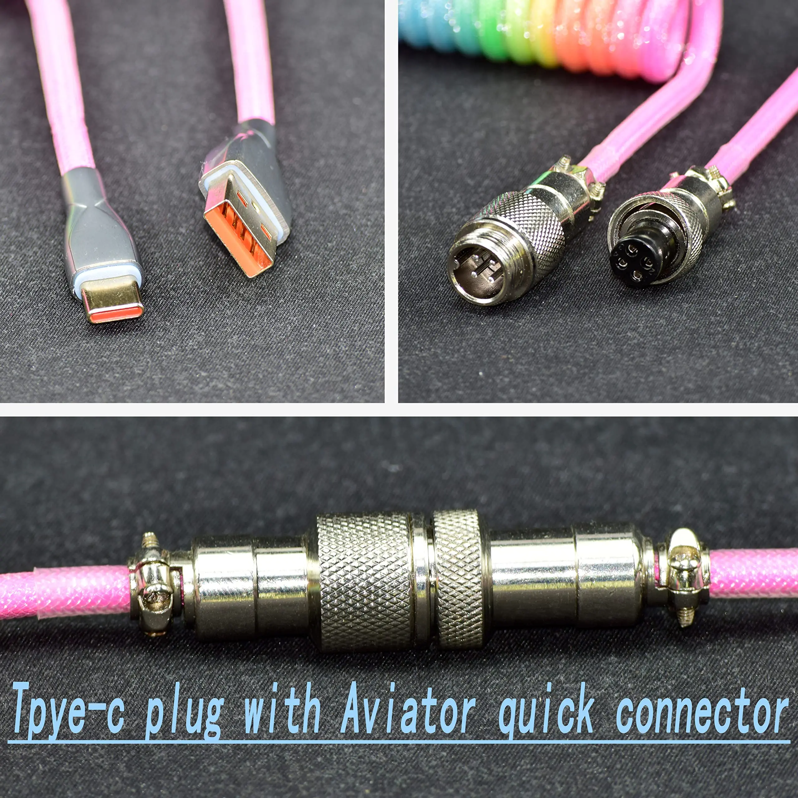 Cables de teclado tipo C a USB A, cable brillante RGB, cable en espiral de 3m con conector de aviador desmontable, para teclado y tableta para juegos