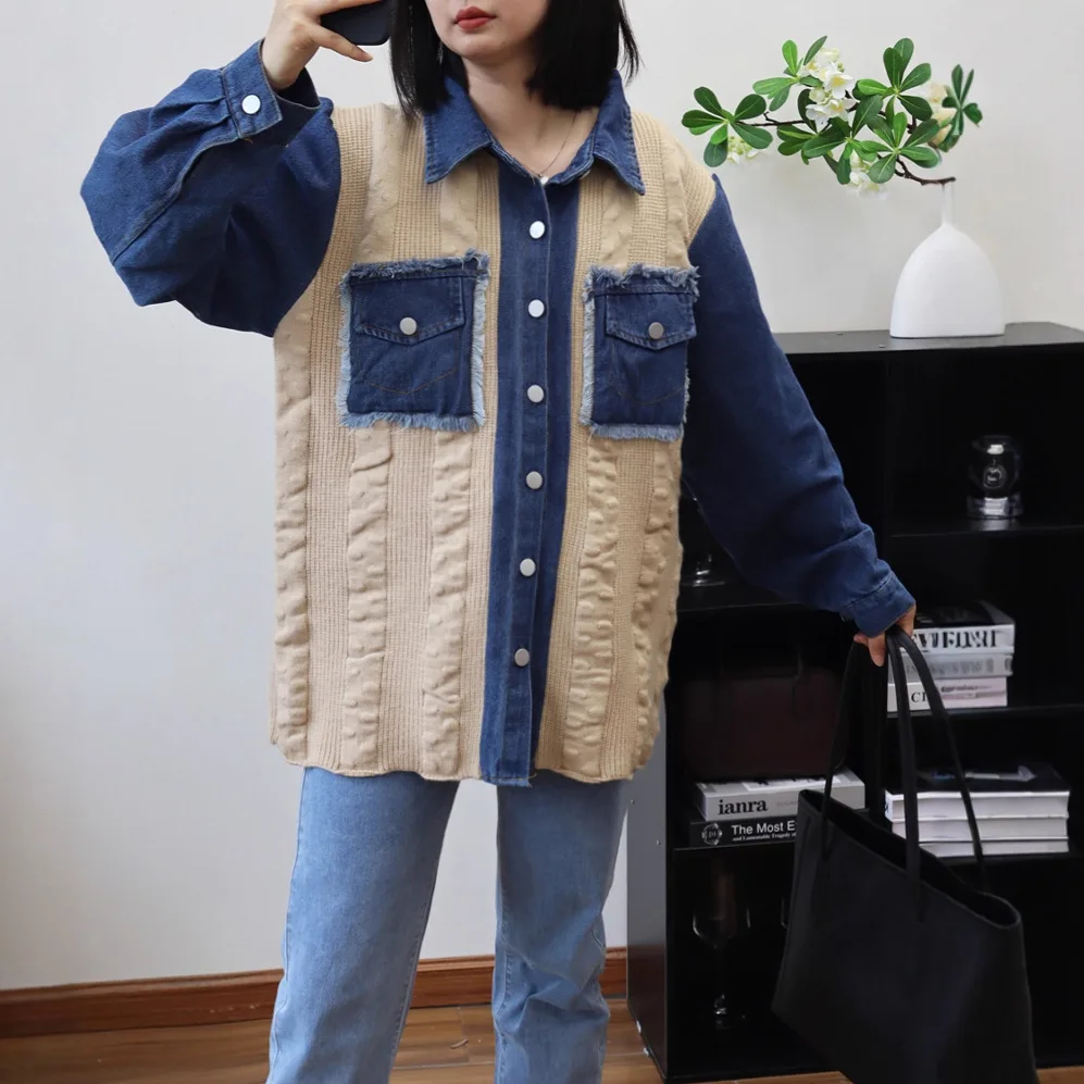 Women Knitted Cardigan Casual Jumpers Denim Patchwork Turn Down Collar Long Sleeves Loose Slight Strech Single Breasted  Autumn