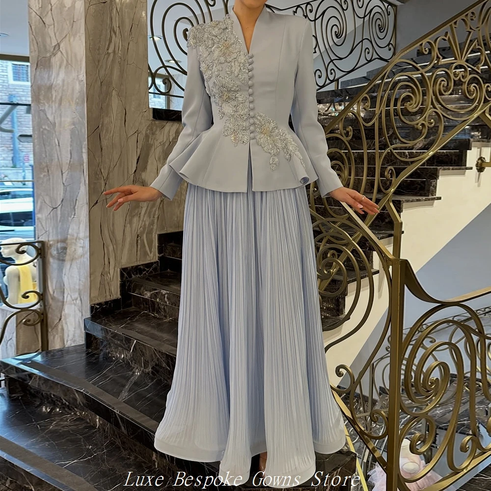 

Women's A-line Evening Dresses Ankle-length V-neck Full Sleeve Prom Dresses Fashion Sequined Flowers Button Customized Gowns