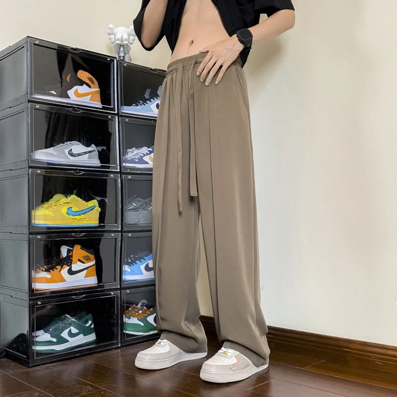 

Мужские брюки из премиального ледяного шелка, повседневные, с широкими штанинами, американского стиля, модные, брендовые, прямые, укороченные, летние, для отдыха.