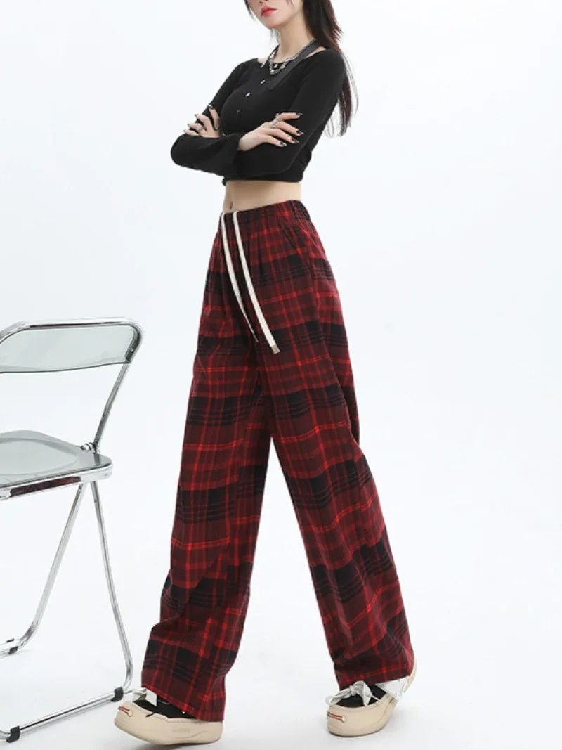 Pantalon femme taille haute Plaid cordon Chic Baggy automne hiver droit épaissir Plus velours tout-match pantalon jeune populaire