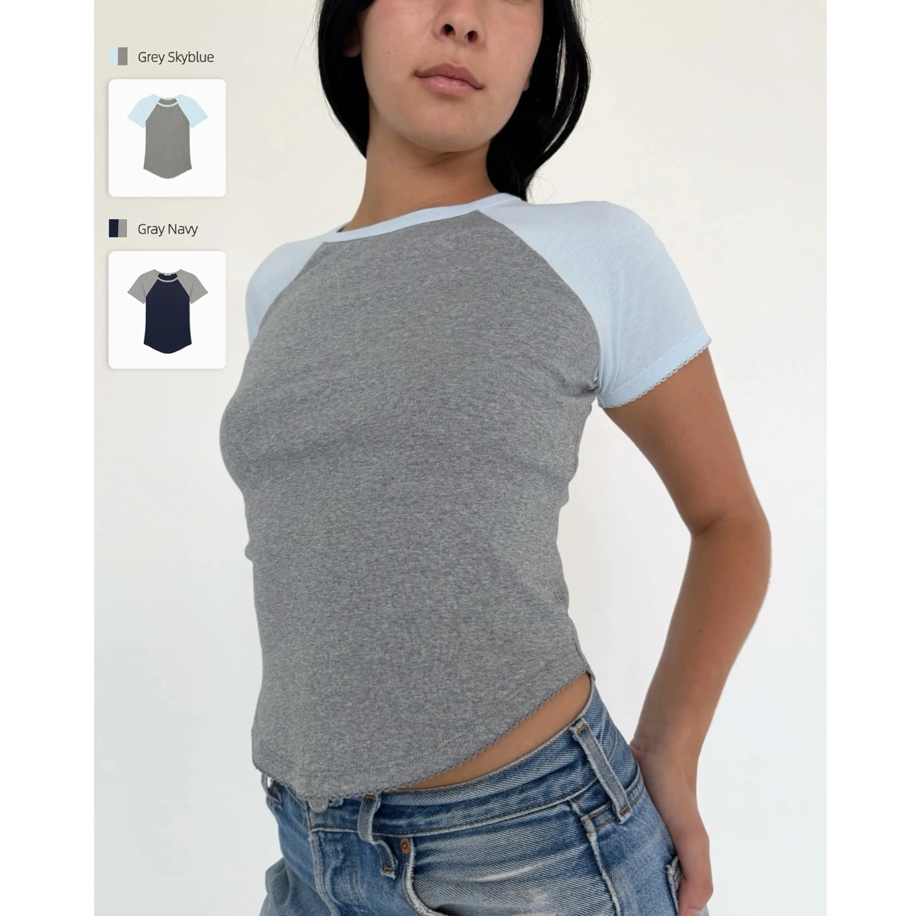 COU Navy Blue Raglan Short-Sleeved Top Light Blue Gray Color Block Irregular Hem Casual Fit Women's Top