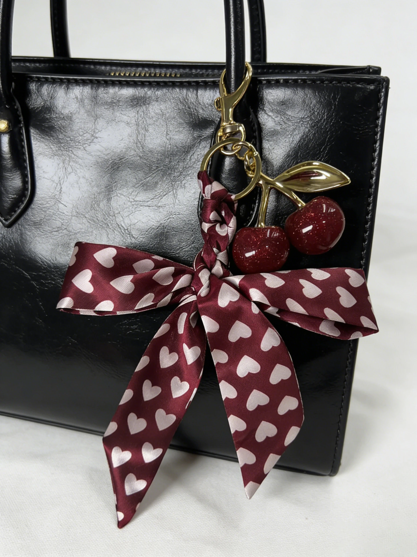 1pc Cherry Pendant Bag Charm with Heart Print - Red Cherry, Golden Lobster Clasp, Women's Keychain for Handbags, Backpacks, Pu