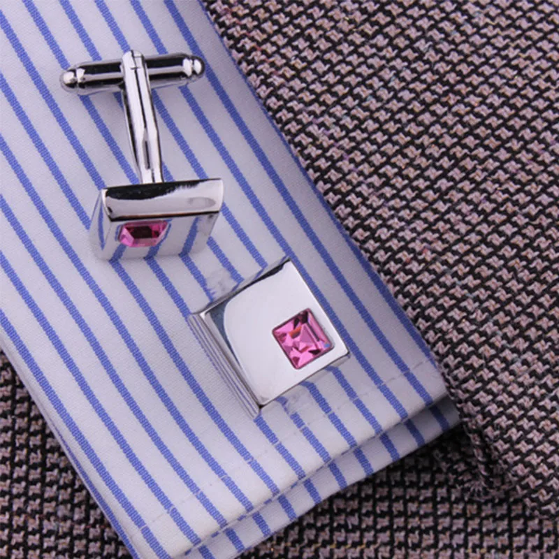 Fashion jewelry Boy Mens Wedding Shirt Cufflinks with Silver Color Metal Cuff Links Blue Black Pink Red Purple Crystal