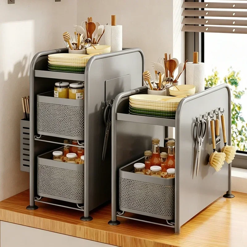 Kitchen seasoning rack Narrow slot seasoning tank Storage rack Side magnetic hanger Pull-out countertop storage cabinet