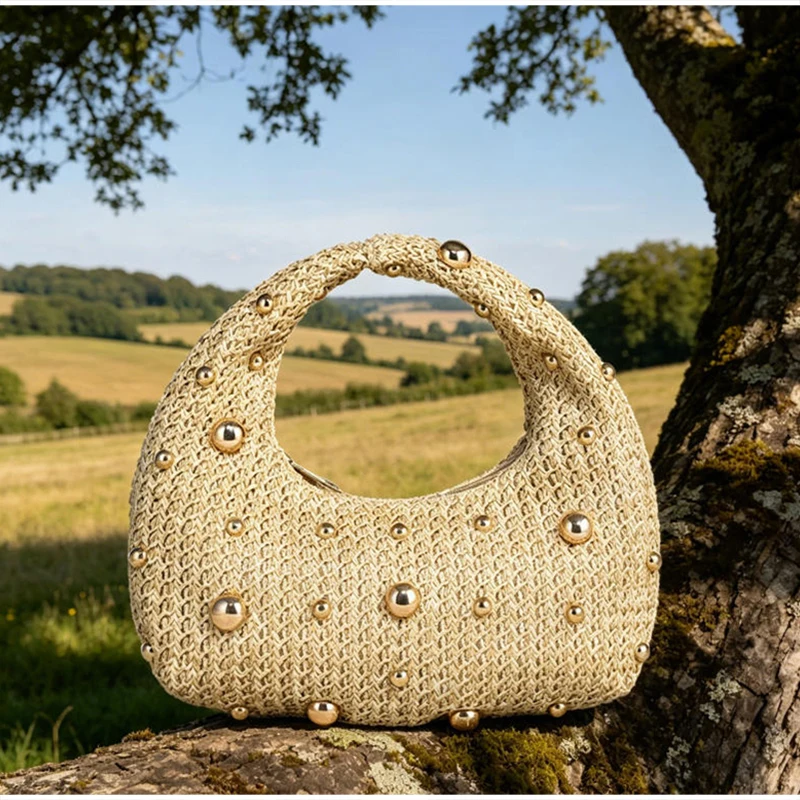 Hobo Crescent Satin Rivet Bead Abendclutch, vielseitige Damenhandtasche, elegante, glänzende Textur, Party, Hochzeit, Abschlussball, schicke Handtasche – Detail 19