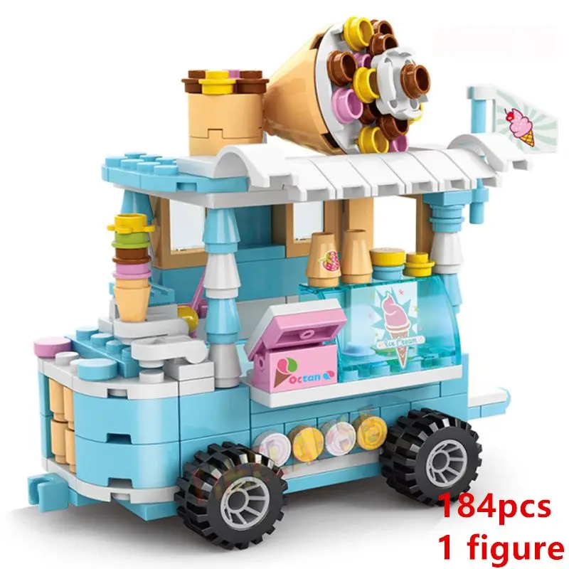 DIY Architectuur IJsjeswagen Winkel Straatzicht Voedsel Bouwstenen Kit Meisjes Stenen Klassieke Filmmodel Speelgoed