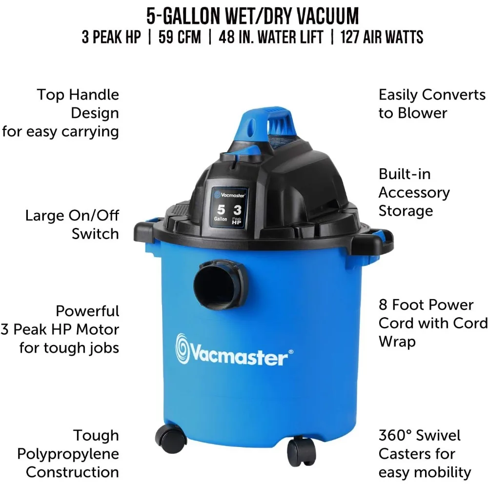 Вакуумный магазин HP для влажной/сухой уборки, 5 галлонов, 3 пика, синий