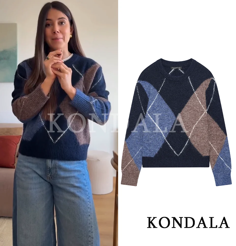 KONDALA Trendy Casual Rhombus Sweater Women Elegant Simple Versatile O-Neck Knit Sweater 2026 Spring Fall Contrasting Sweater