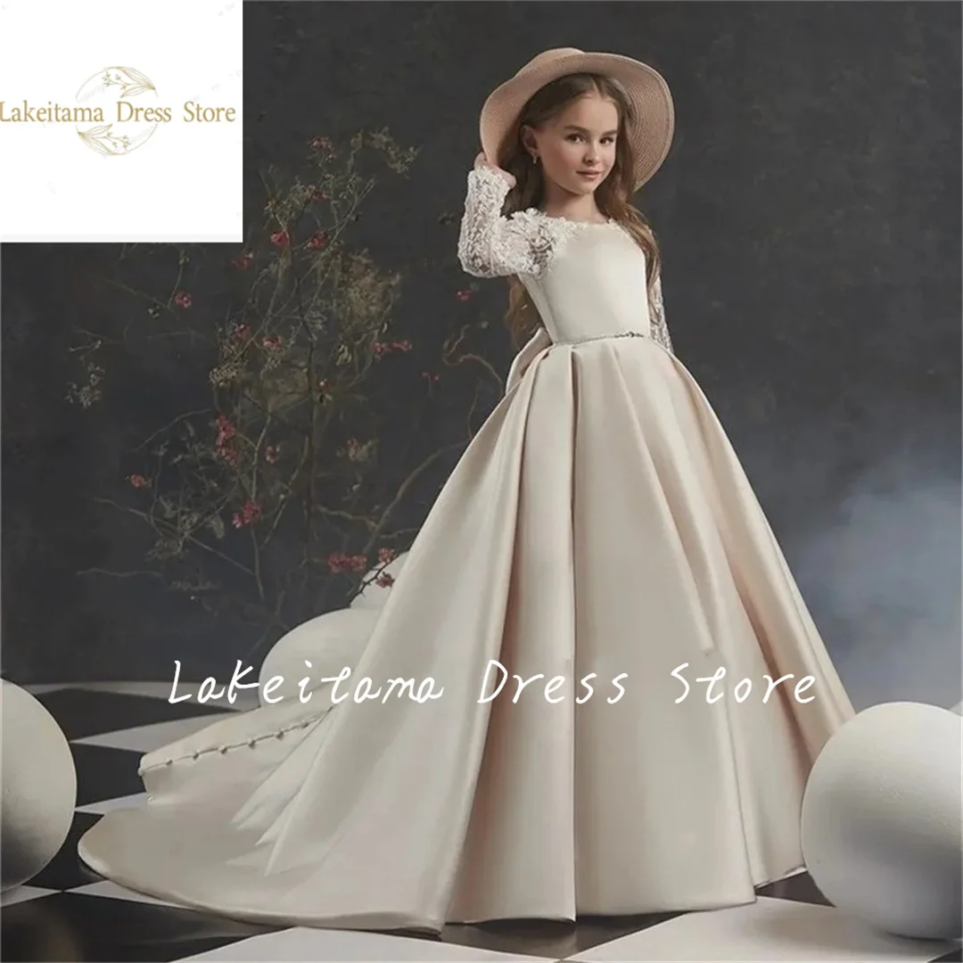 

Flower Girl Dresses For Wedding Sheer Long Sleeve Lace Applique Back Girls Pageant Gowns Princess Dresses