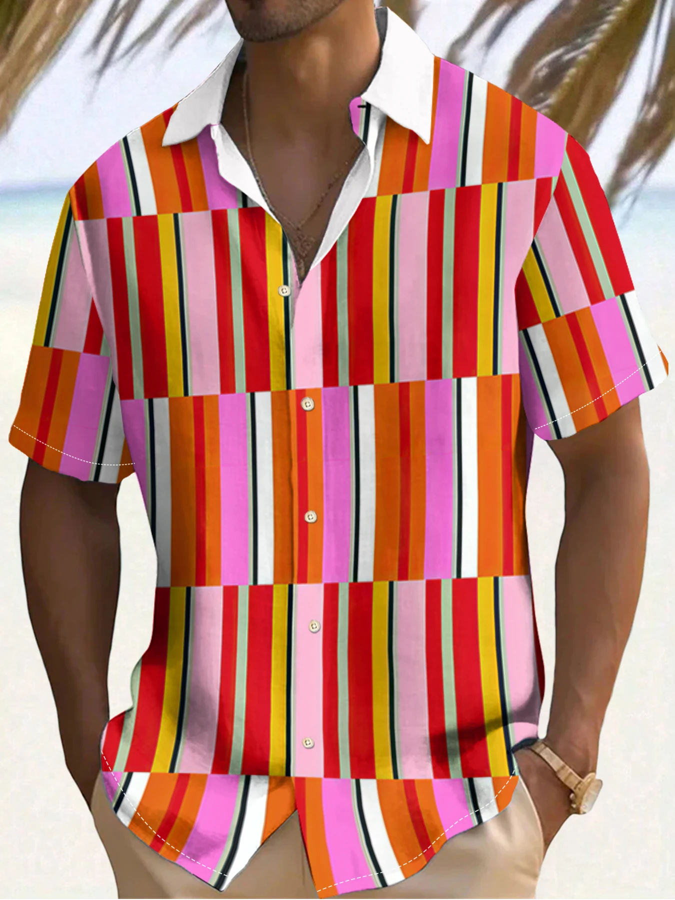 

2025 Summer New Men's Shirt Outdoor Casual Short Sleeve Shirt Fashion Tops Retro Stripe Splicing Print OverSize Men's Clothing