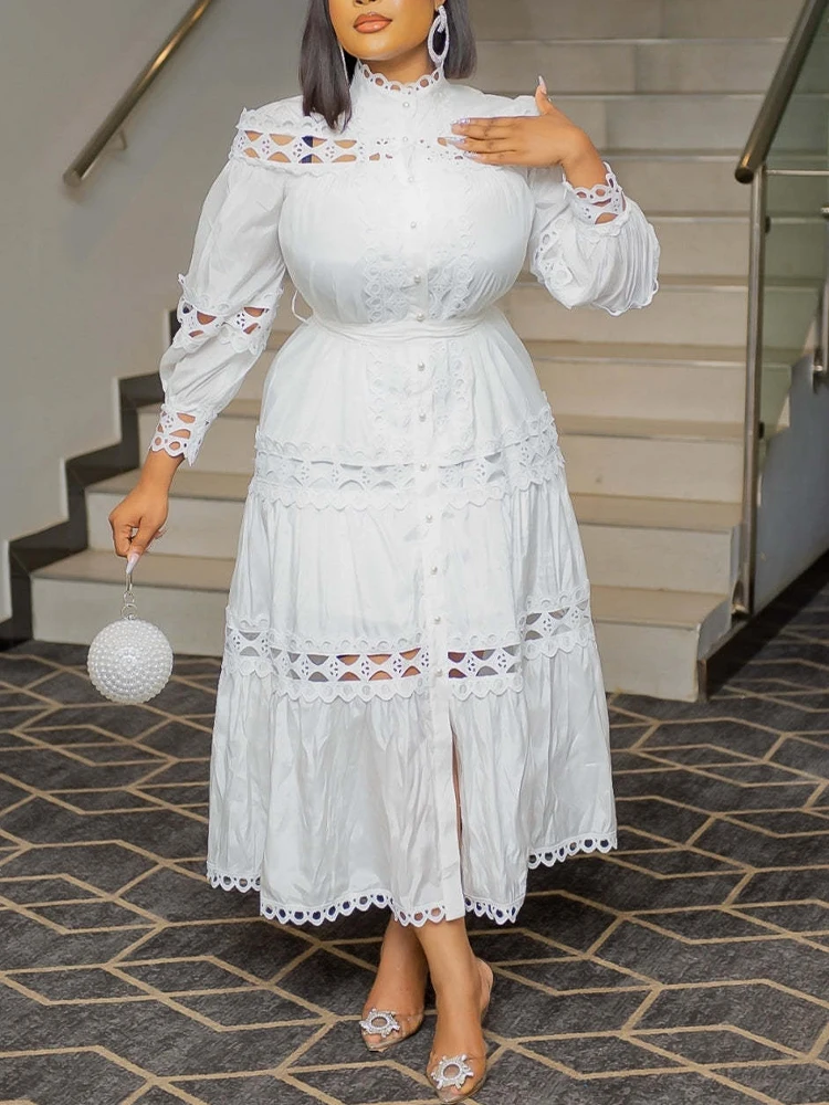 Weiß aushöhlen Kleid Frauen Vintage Spitze Spleiß lange Kleider weiblich elegant schick lässig einreihig Verband Party kleider