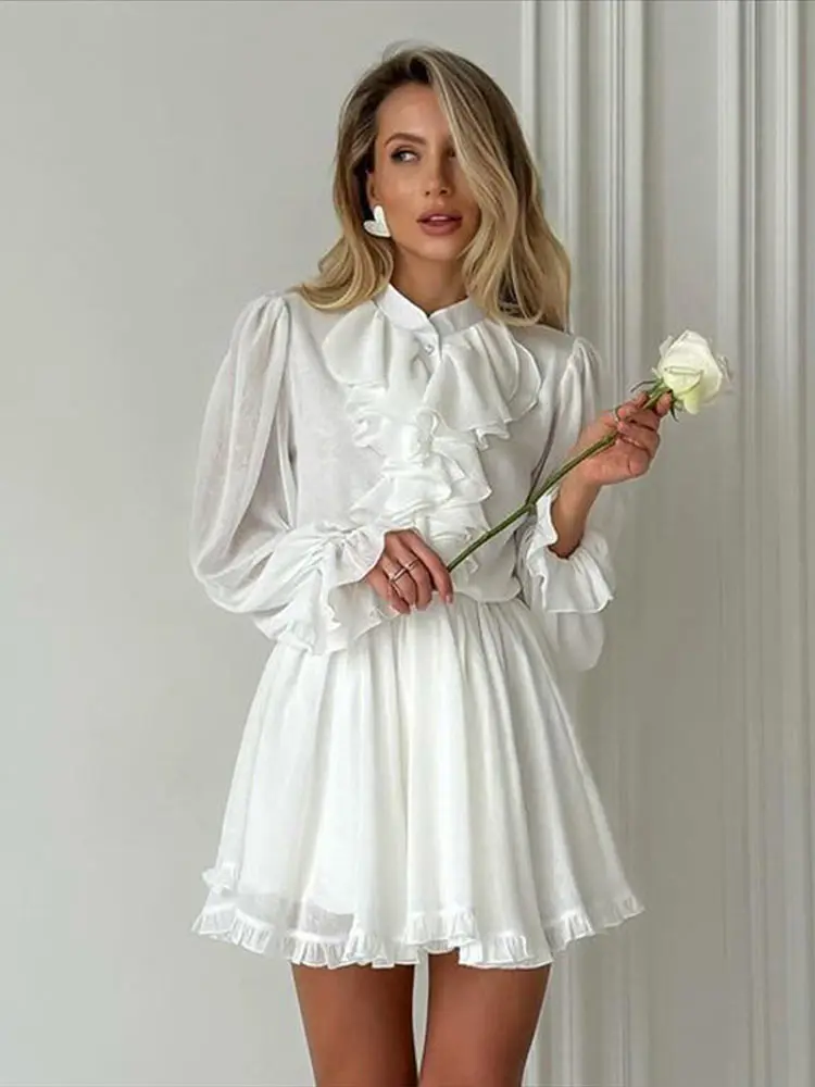 Ruffles Stand Collar Mini Shirt Dresses Women Elegant Pleated Long Sleeved Dress Female Spring Chic Solid High Street Robes ﻿