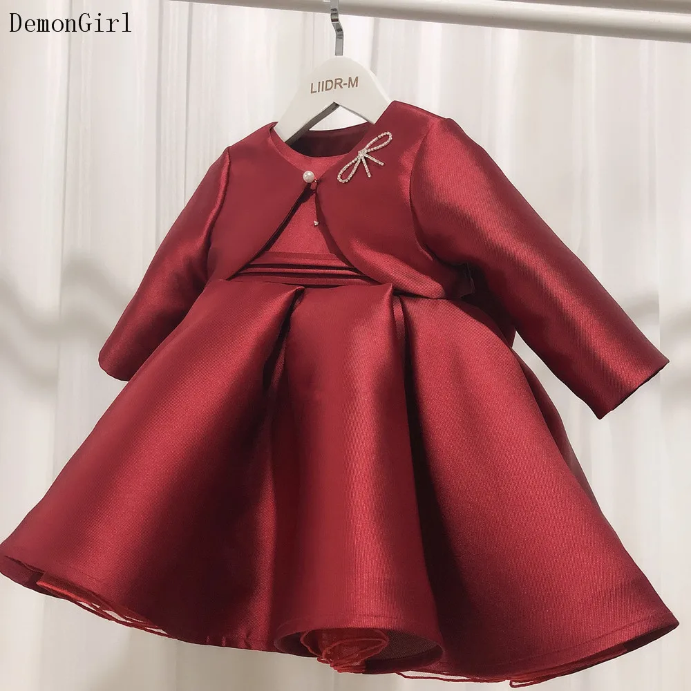 Burgundy Flower Girl Dress Big Satin Bow Kids Baby Girl Birthday Party First Communion Ball Gown with Coat