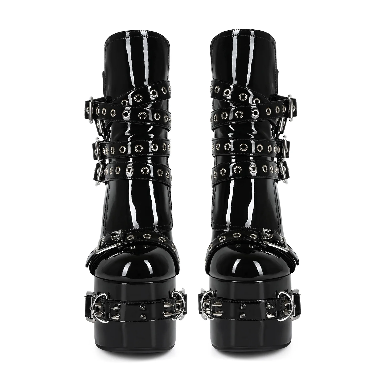 2026Women Shoes Gothic Punk Platform Boots Women Black Patent Leather Chunky Heels Ankle Boots with Spikes Buckles Women's Boots