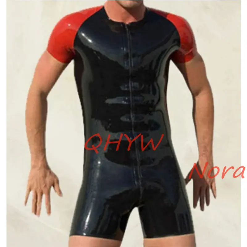 

Handmade Latex Catsuit Black with Red Front Zip Sexy Fetish Rubber Jumpsuits Bodysuit Customize XS-XXL Plus Size Men Costume