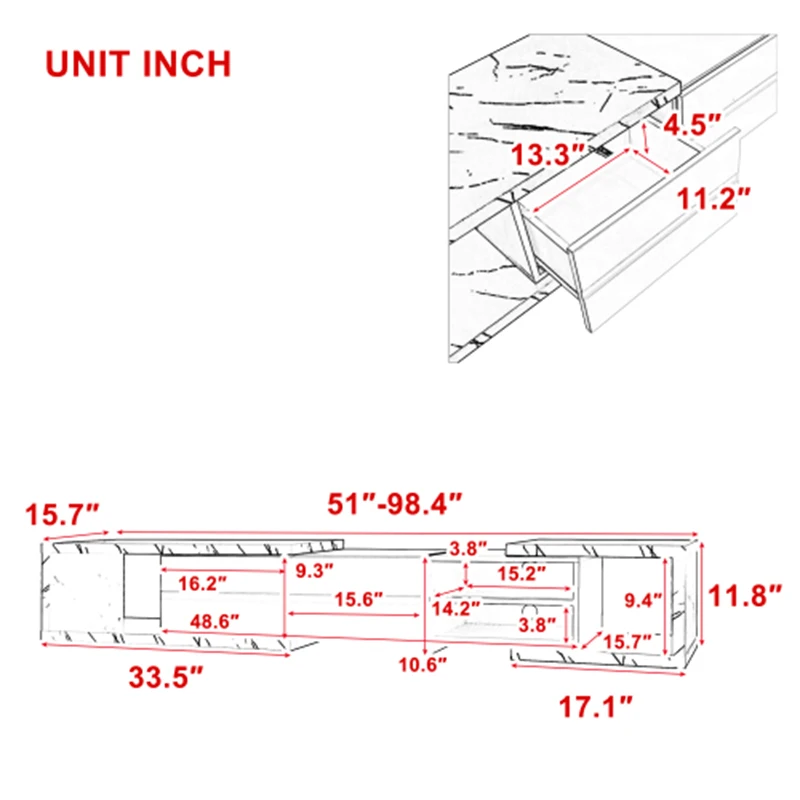 U-Can 51''-98,4'' Soporte de TV extensible moderno para televisores de hasta 90 pulgadas, consola de medios para centro de entretenimiento, consola de esquina, blanco