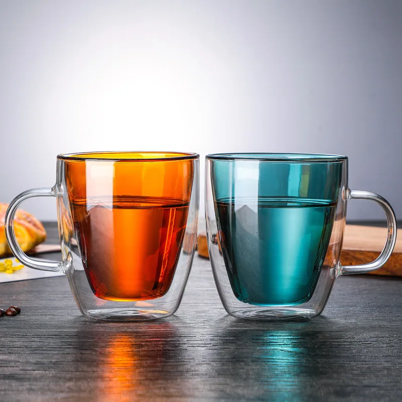 Taza de cristal de doble pared con pared interior Amer Teal, 375ml, 475ml, taza de vidrio de Color sólido resistente al calor para café, té, leche, 1 pieza