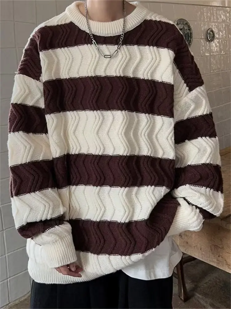 Lazy Coat Vintage Stripe Sweater Men\'s Autumn and Winter Thickened Design Sense Small Crowd Round Neck Sweater Fashion Brand