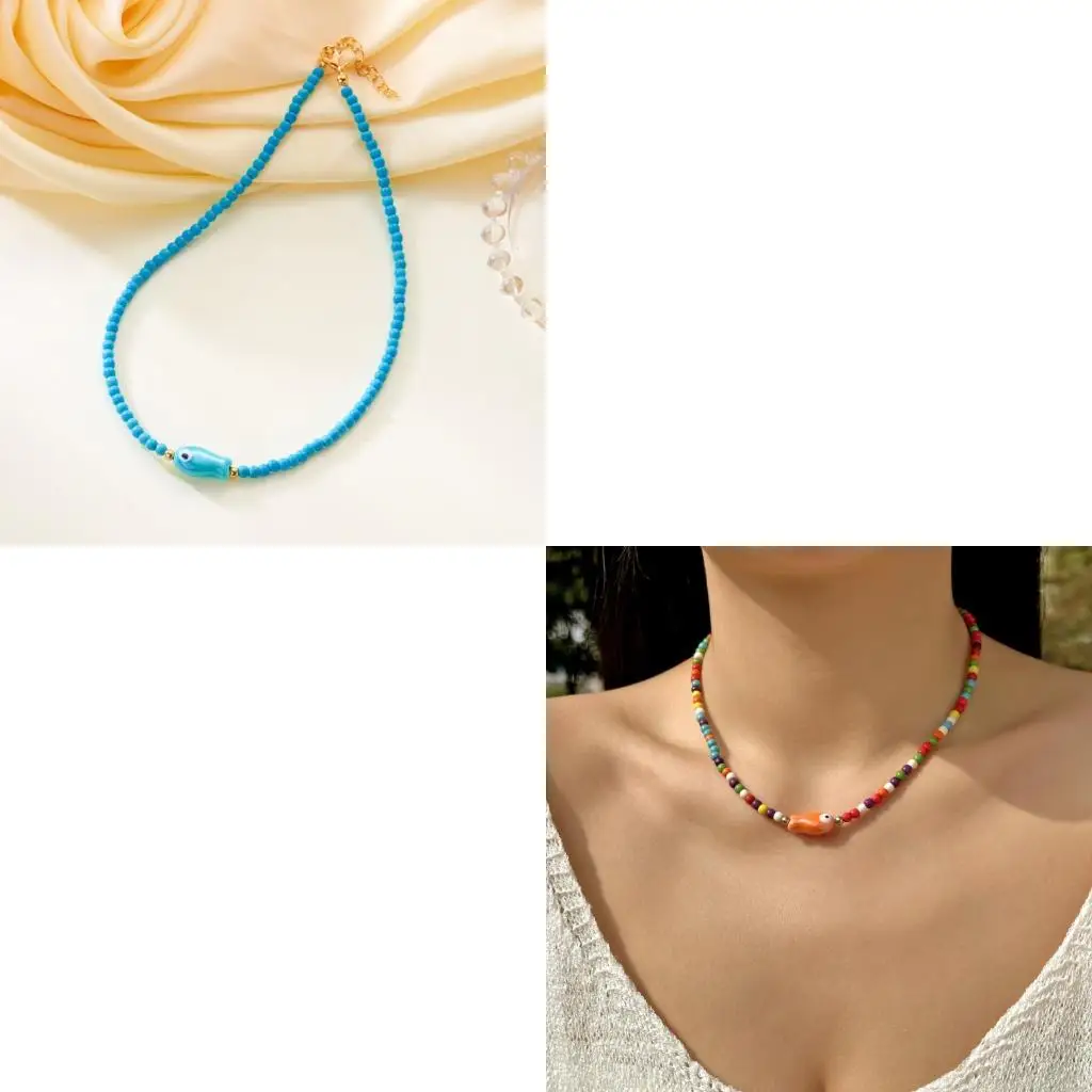 A52E Stylish Bohemian Beaded Necklace Featuring Ceramic Fish Charm Clavicle Jewelry