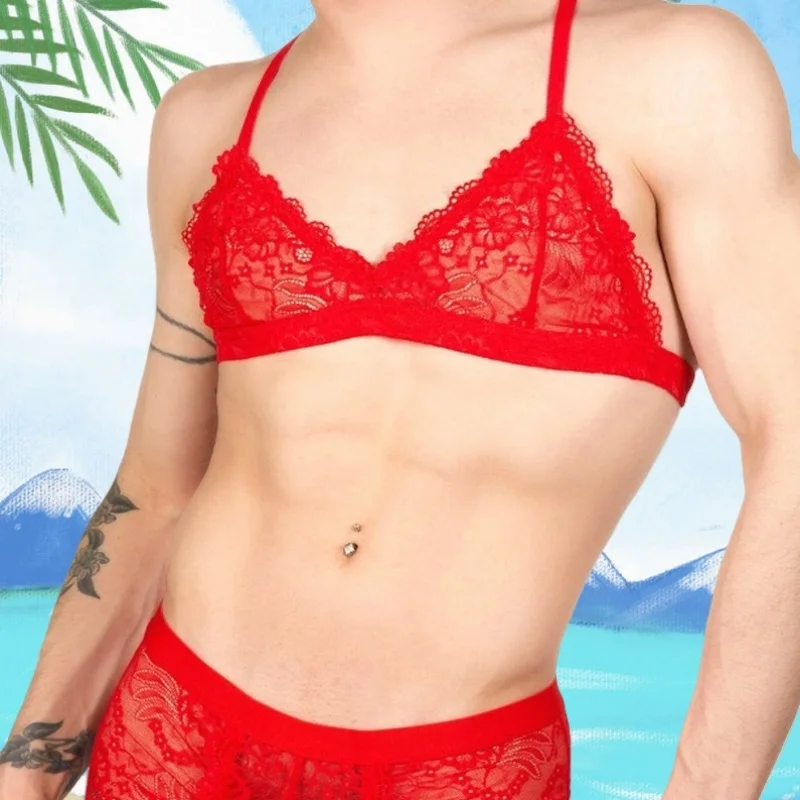 

Sexy Men's See Through Lace Bras Briefs Set Cross-dressing Cross Bra Top Erotic Lingerie Underwear Sissy Club Party Fetish