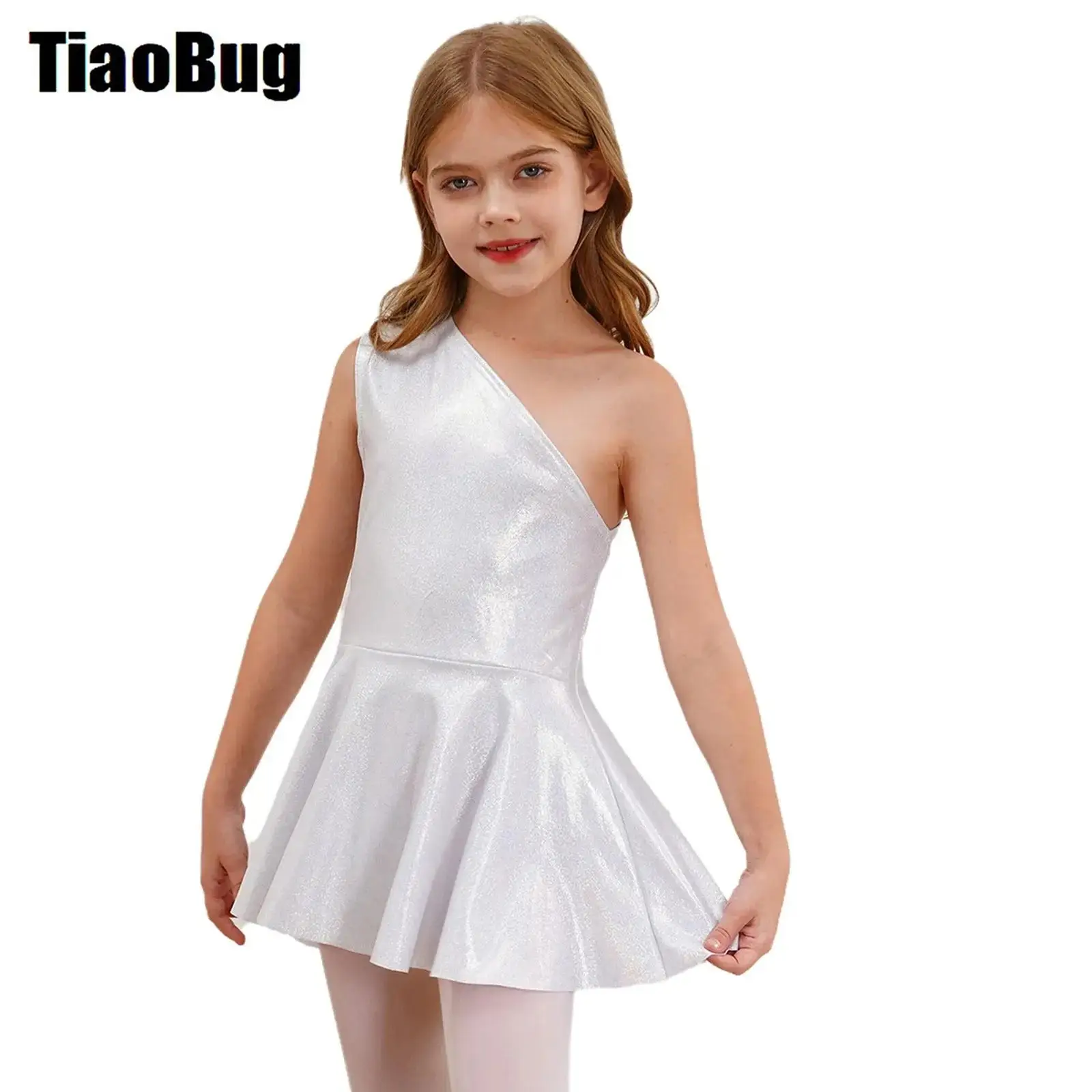 

Kids Jazz Dress Girls Metallic One Shoulder Sleeveless Dancewear for Dance Cheerleading Performance