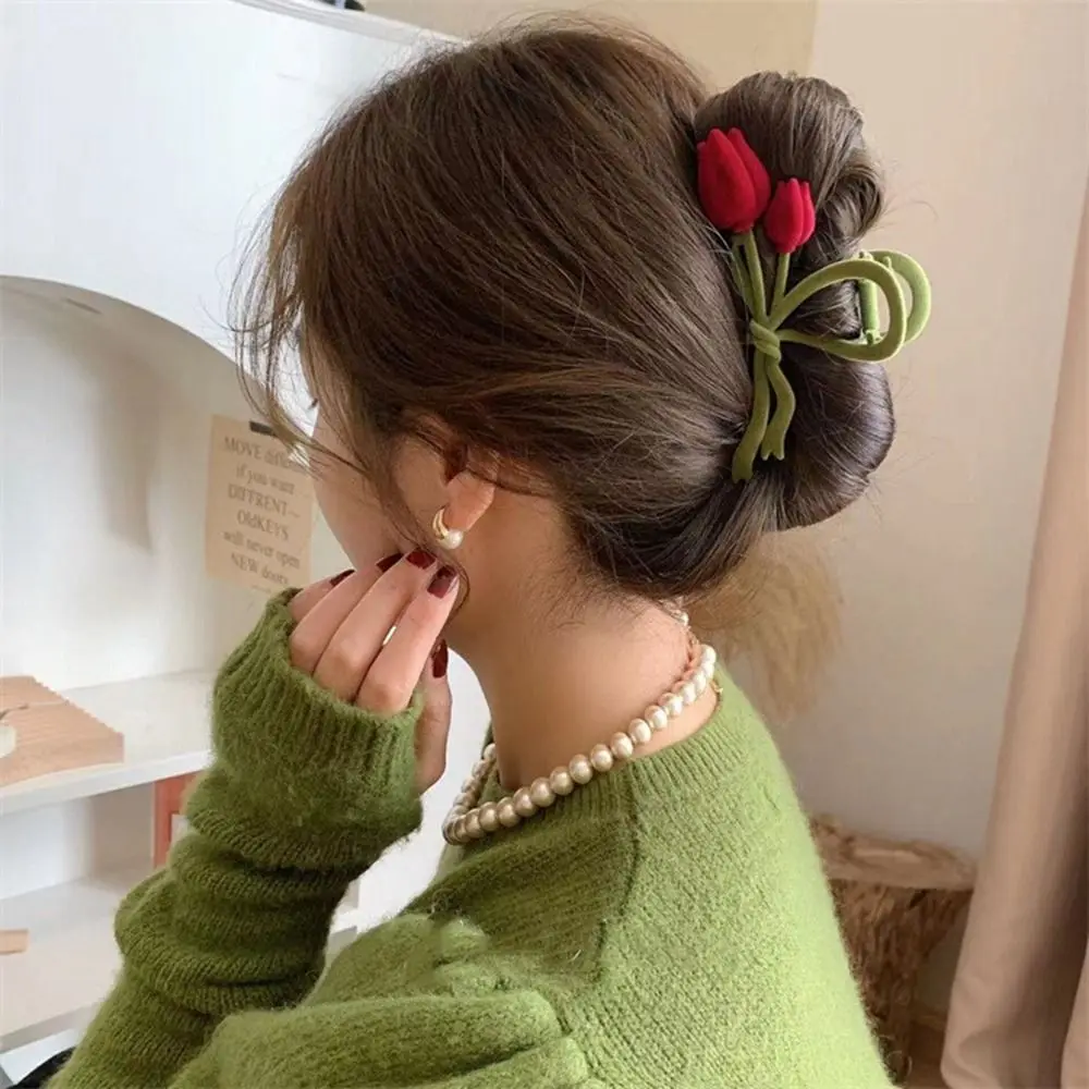 

Hairpin New Year Hair Accessories Flocking Tulip Hair Clip Korean Style Headwear Red Velvet Hair Claw Female Hair Accessories