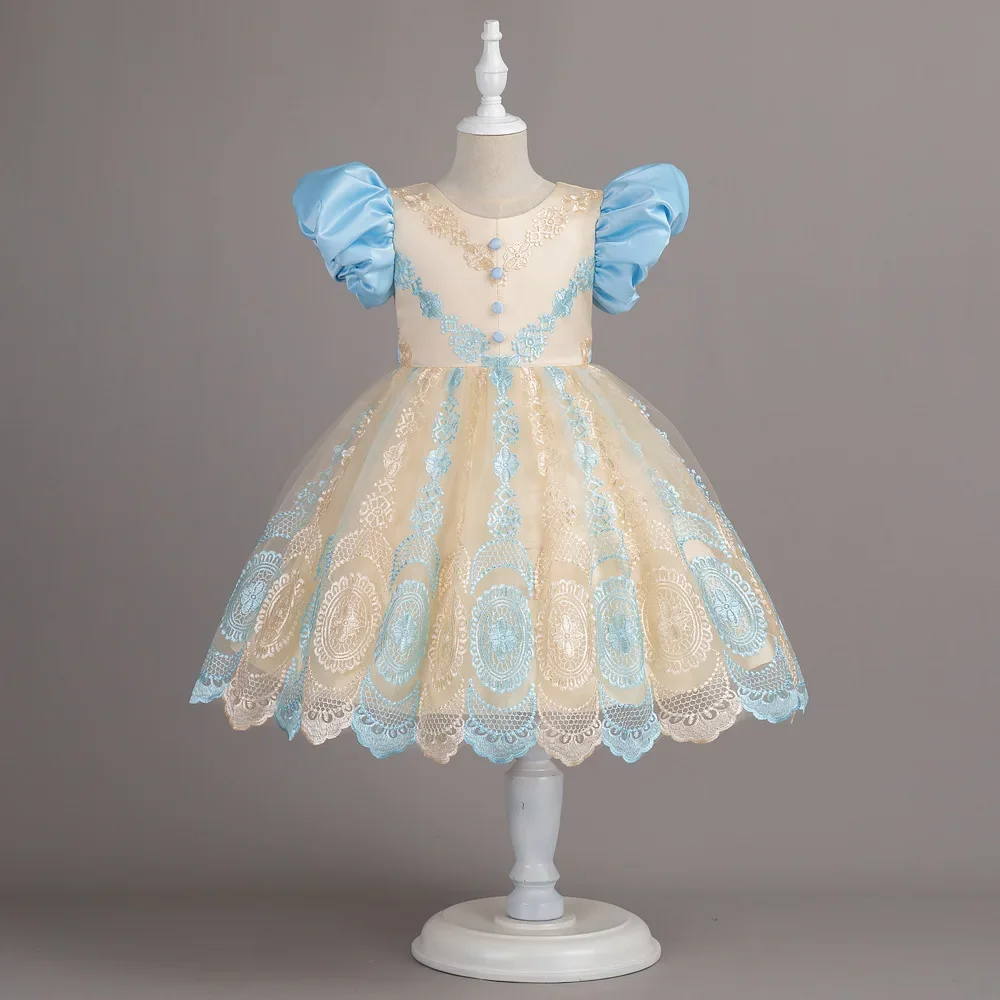 Vintage ricamo ragazza vestito da bambino pizzo fiore ragazza abiti per matrimoni bottone manica a sbuffo bambino festa di compleanno abito 2-10Y