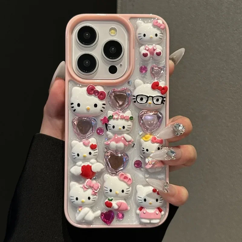 Kawaii Hello Kitty Cartoon DIY Phone Case Suitable for iPhone 15 14 13  16ProMax iPhone 15 Pro Girl Anti Drop Transparent Case