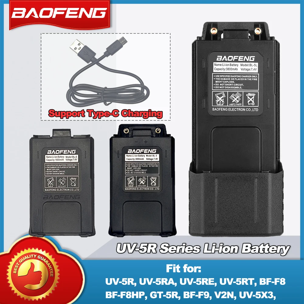 Baofeng UV-5R Series Walkie Talkie Battery 1800/3800mAh Support TYPE-C Charging Fit For UV5R UV-5RA UV-5RE UV-5RT BF-F8HP BF-F8+