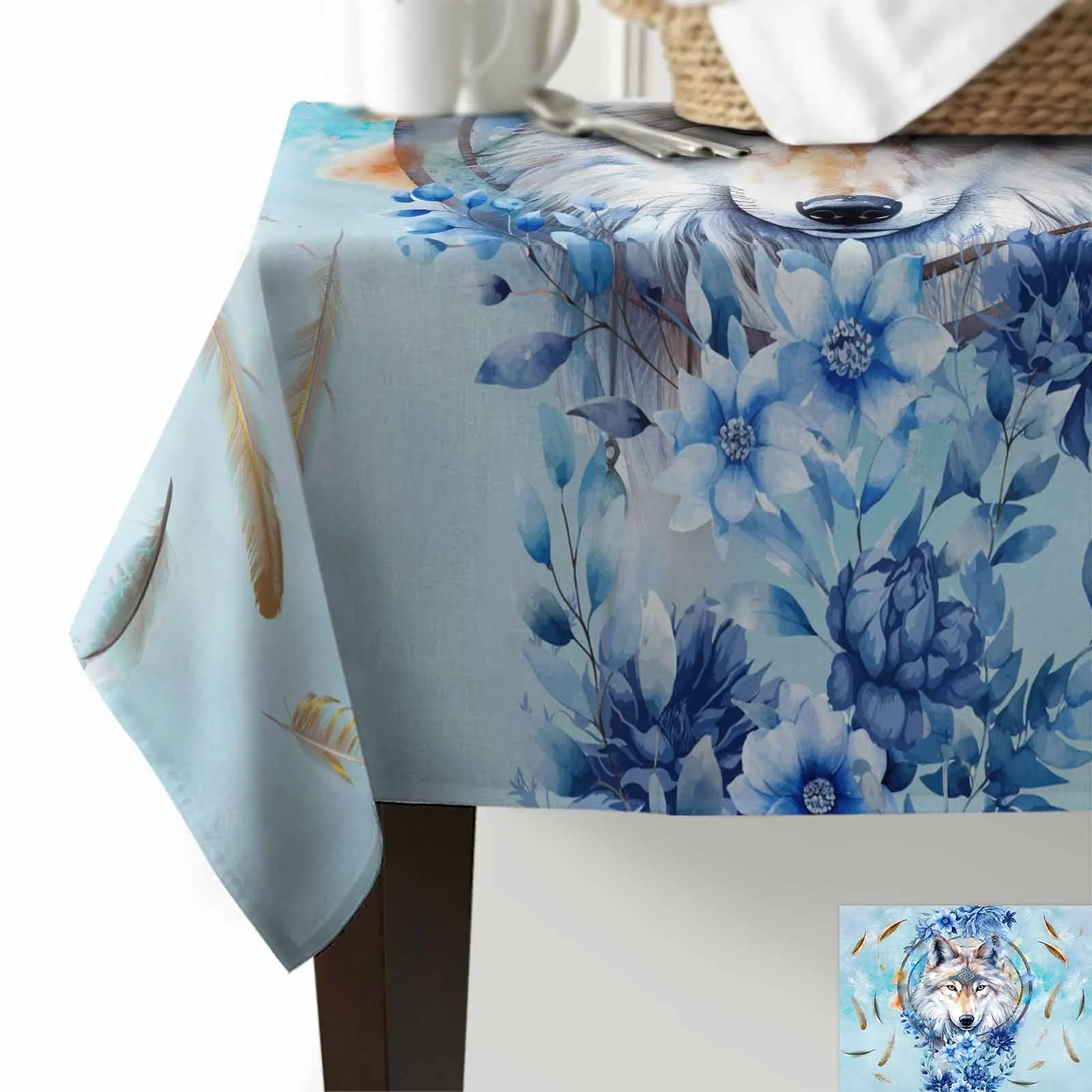 Watercolor Wolf Flower Feather Snowflake Blue Anti-scalding Waterproof Tablecloth Rectangular Round Table Cover Furnishings