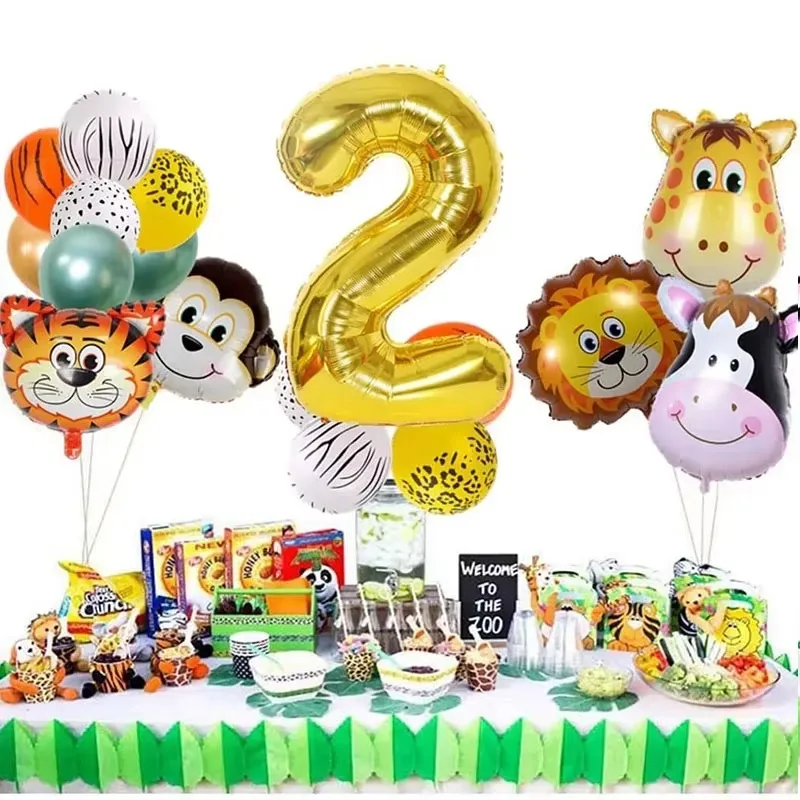 مجموعة بالونات Jungle Safari تحت عنوان مع أرقام حيوانات - بالونات هيليوم القرد والنمر للأطفال في غابة 0-9 سنوات