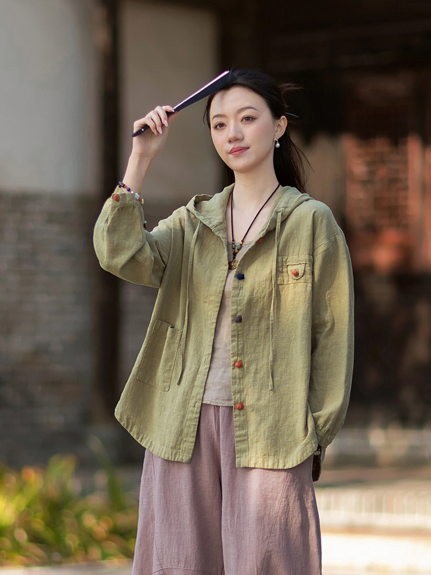 New Chinese Style Casual Cotton Linen Women's Shirt Hooded Button up Loose Fit Breathable Long Sleeve Pure Color Jacket