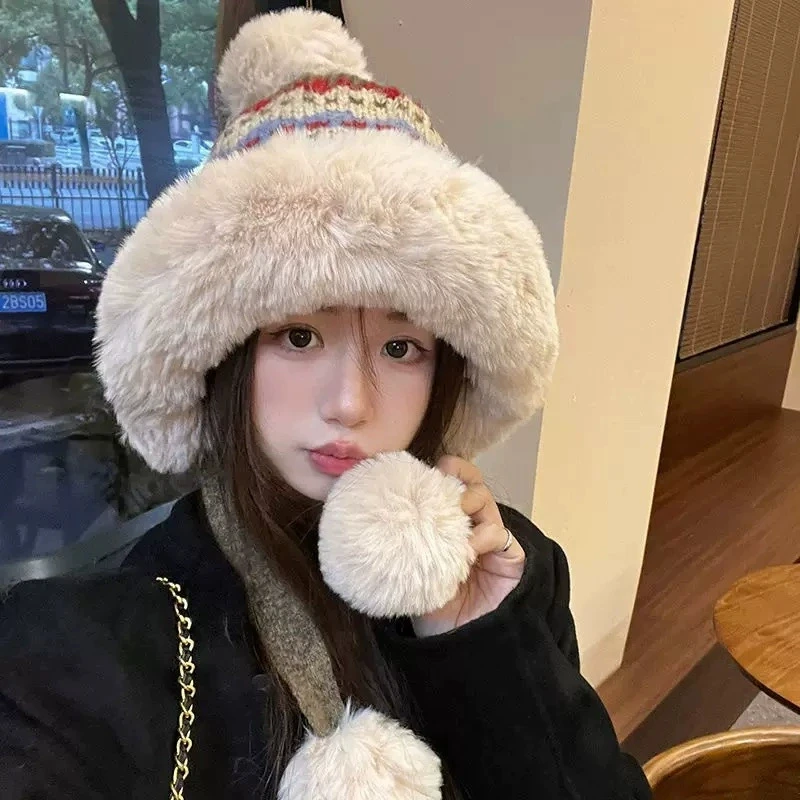 Knitted Cute Fluzzy Hat Winter Warm Ear Protection Outdoor Ski Cap Female Thick Warm Winter Beanie Hat Fur Pompom Bomber Hat