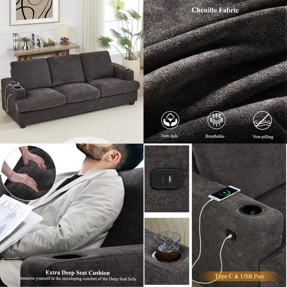 

"luxurious 89 inch deep seated 3-seater sofa with usb ports and cup holders in modern chenille fabric"