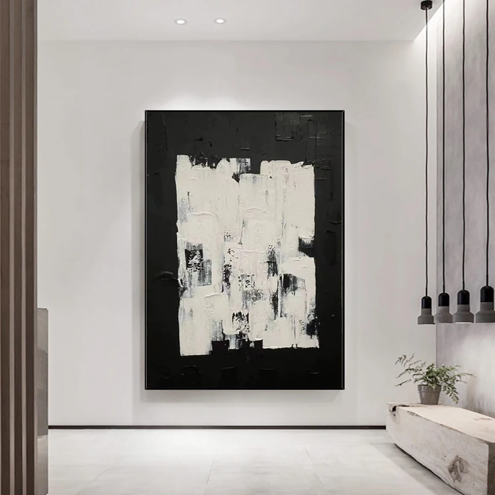 Contemporary Art Minimalist Black and White Painting Textured Hand Painted Canvas Painting for Living Room Office Wall Decor