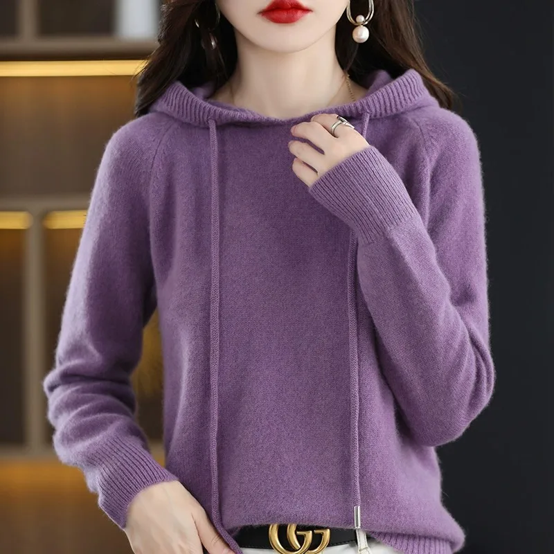 

Spring Autumn New Wool Knitted Hat Women's Sweatirt Loose with Hat Base irt Korean Version Thiened Sweater plus Size